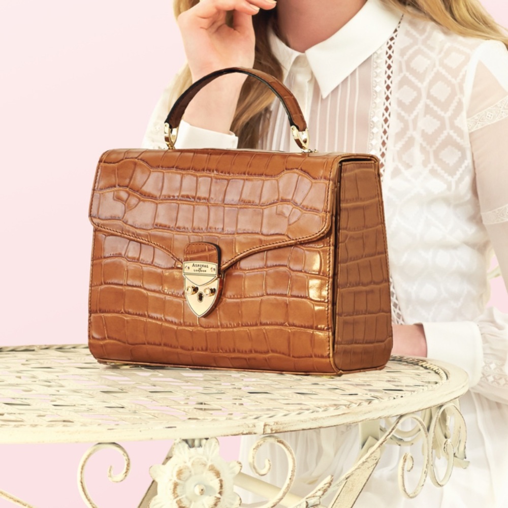 Aspinal of London Croc-Embossed Top Handle Satchel in Tan Leather